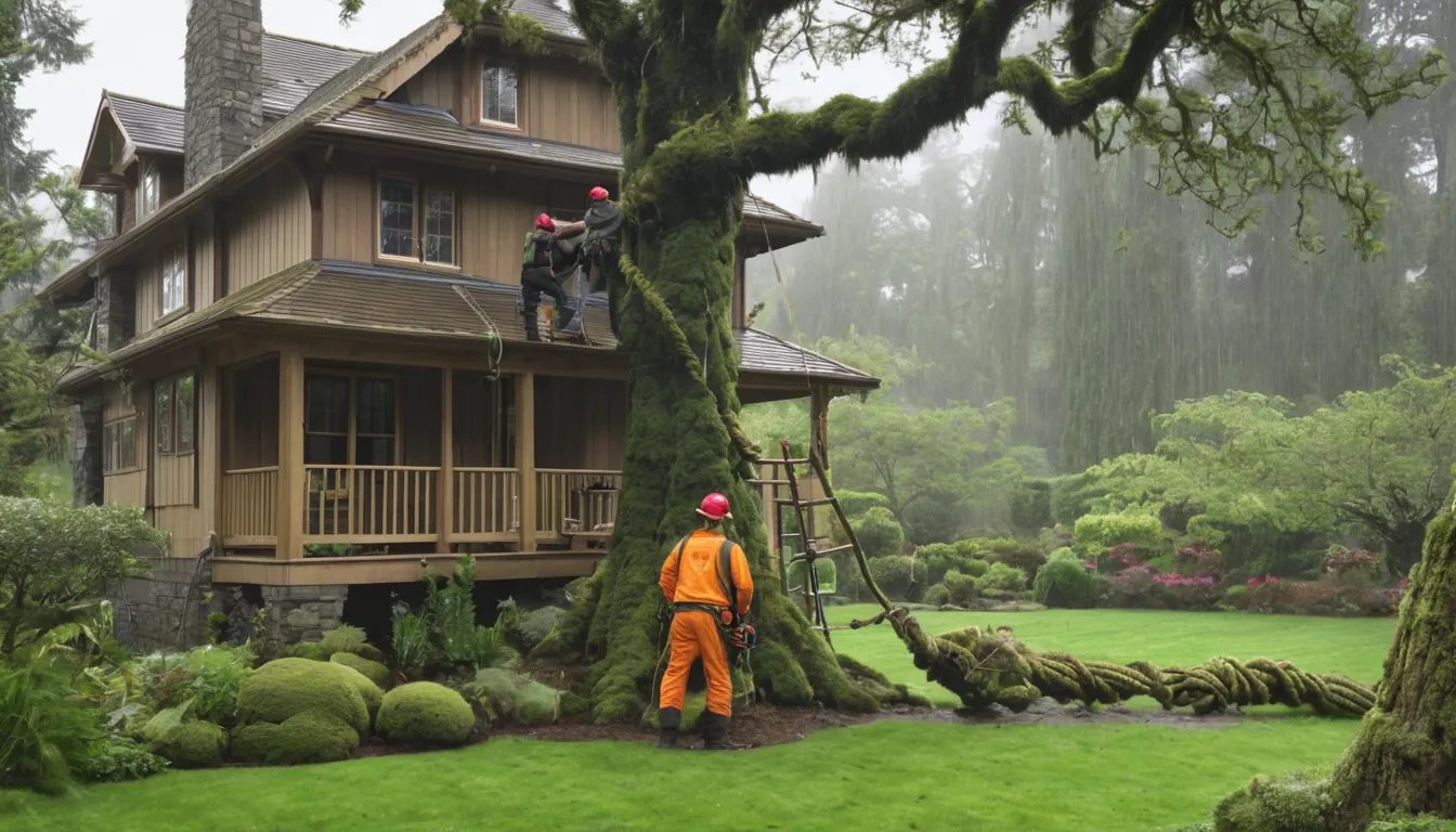 Tree removal crew lowering a large tree section beside a home in Seattle